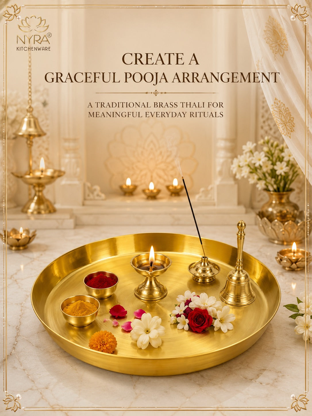 Traditional Brass Pooja & Serving Thali | Big Round Pital Plate with Flat Bottom