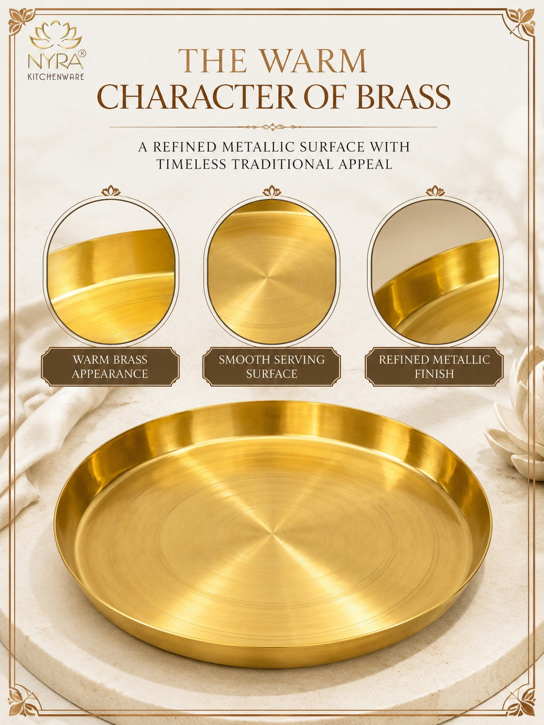 Traditional Brass Pooja & Serving Thali | Big Round Pital Plate with Flat Bottom