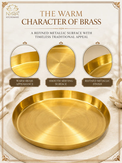 Traditional Brass Pooja & Serving Thali | Big Round Pital Plate with Flat Bottom