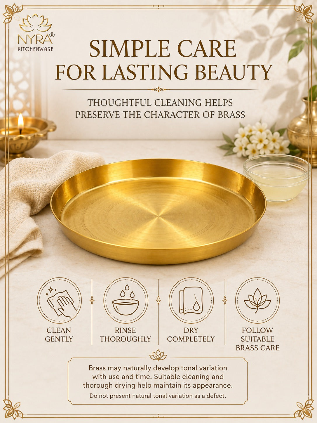 Traditional Brass Pooja & Serving Thali | Big Round Pital Plate with Flat Bottom