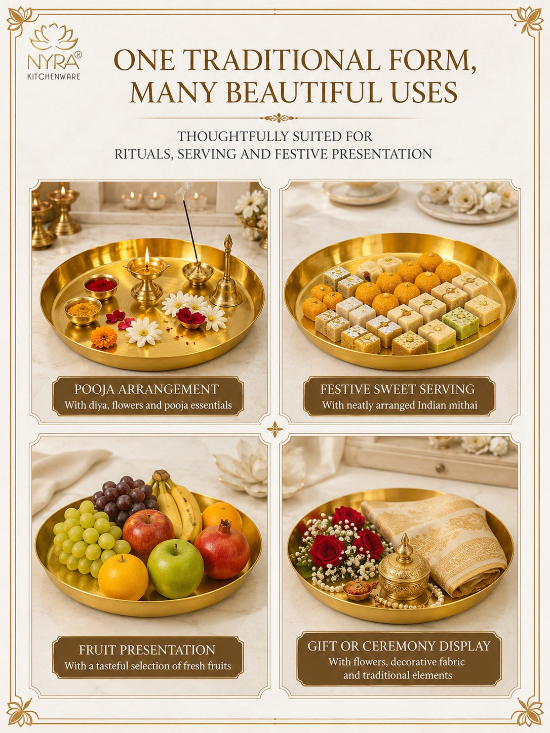 Traditional Brass Pooja & Serving Thali | Big Round Pital Plate with Flat Bottom