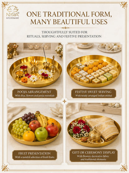 Traditional Brass Pooja & Serving Thali | Big Round Pital Plate with Flat Bottom