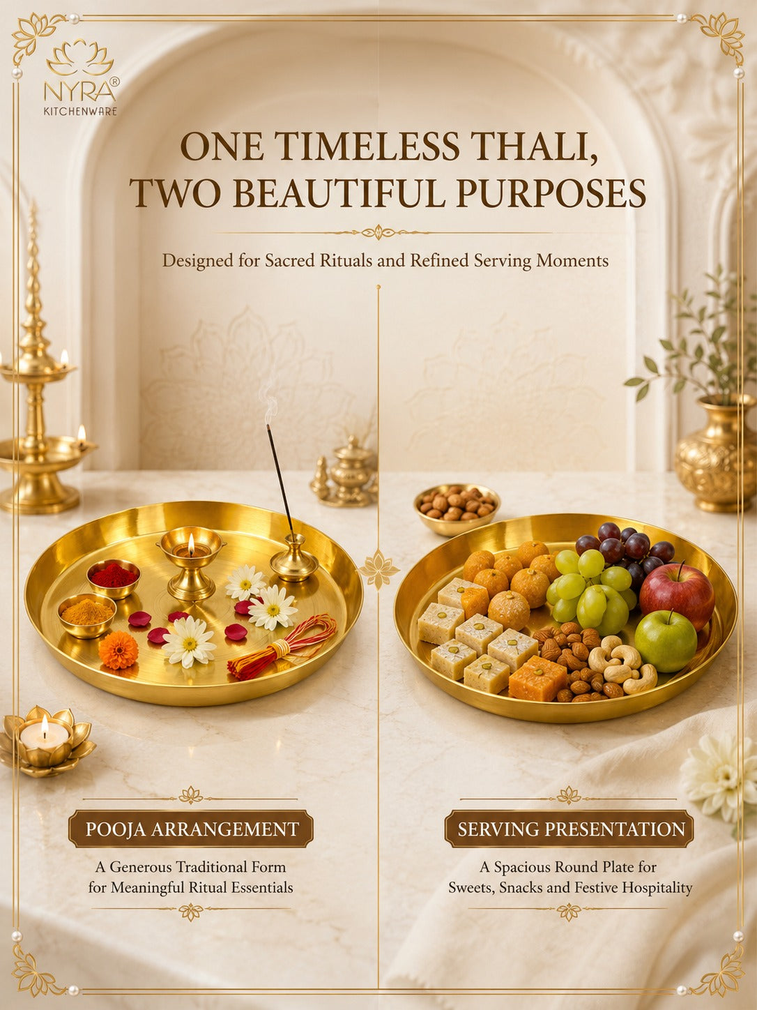 Traditional Brass Pooja & Serving Thali | Big Round Pital Plate with Flat Bottom