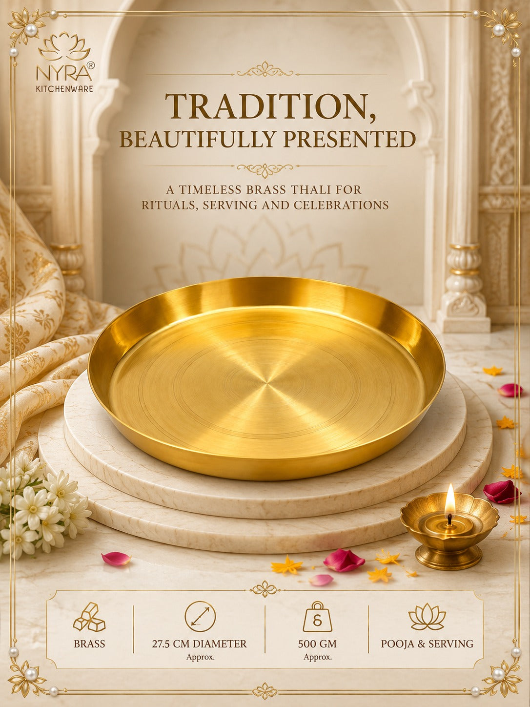 Traditional Brass Pooja & Serving Thali | Big Round Pital Plate with Flat Bottom