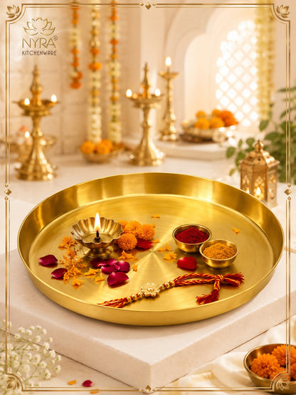Traditional Brass Pooja & Serving Thali | Big Round Pital Plate with Flat Bottom