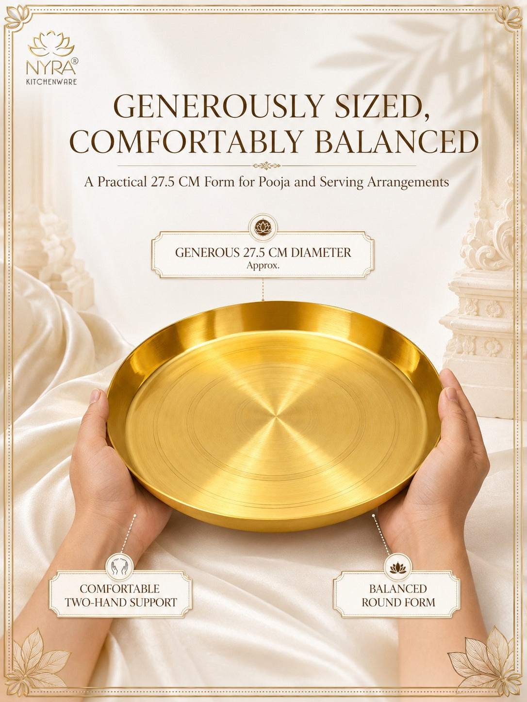 Traditional Brass Pooja & Serving Thali | Big Round Pital Plate with Flat Bottom