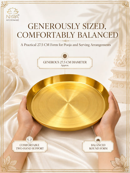 Traditional Brass Pooja & Serving Thali | Big Round Pital Plate with Flat Bottom