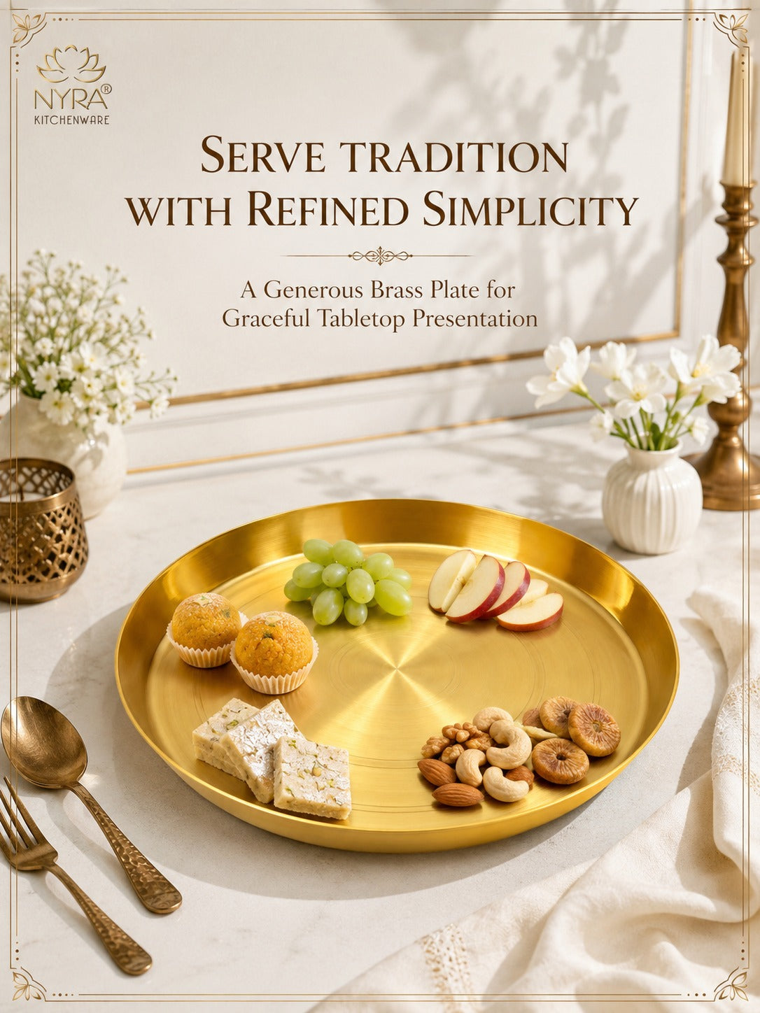 Traditional Brass Pooja & Serving Thali | Big Round Pital Plate with Flat Bottom