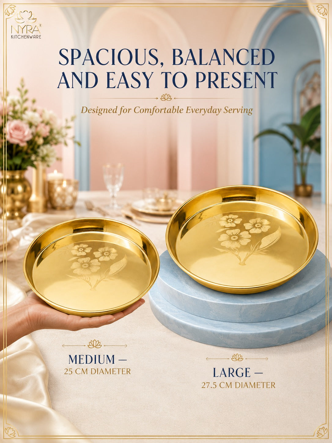 Pure Brass Bhojan Thali with Floral Etching | Pital Plate for Worship & Dining