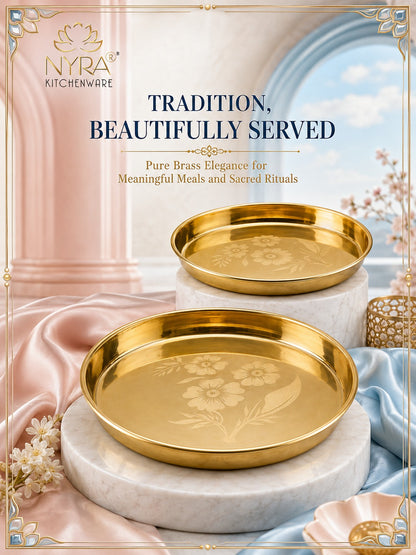 Pure Brass Bhojan Thali with Floral Etching | Pital Plate for Worship & Dining