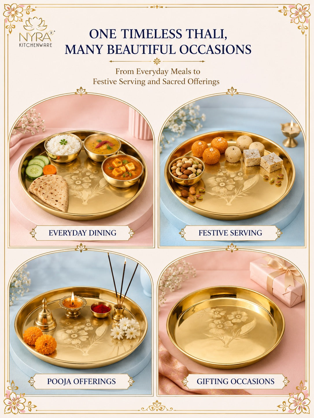 Pure Brass Bhojan Thali with Floral Etching | Pital Plate for Worship & Dining