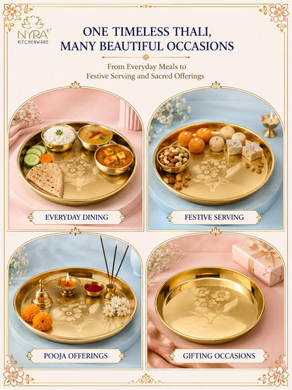 Pure Brass Bhojan Thali with Floral Etching | Pital Plate for Worship & Dining