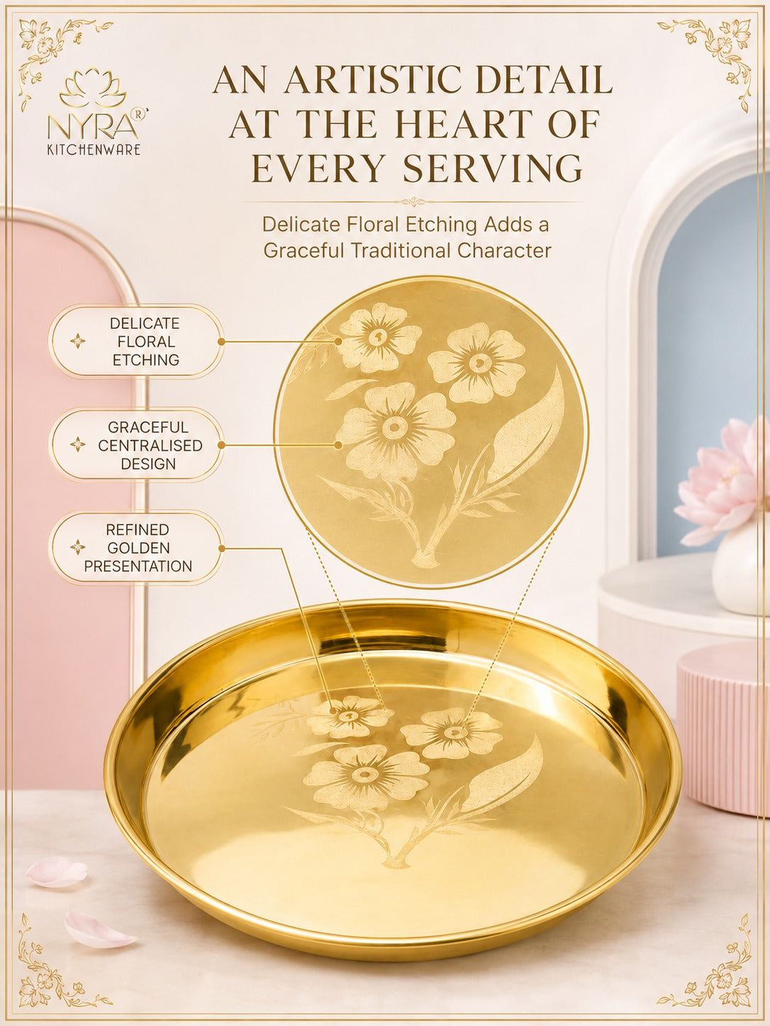 Pure Brass Bhojan Thali with Floral Etching | Pital Plate for Worship & Dining