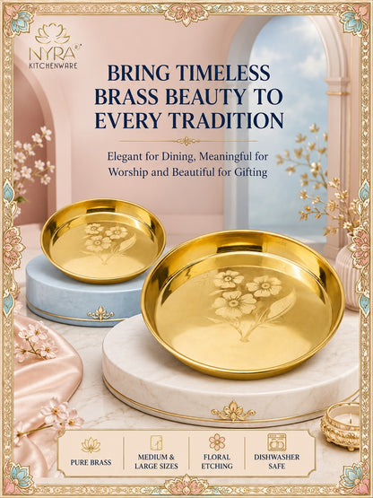 Pure Brass Bhojan Thali with Floral Etching | Pital Plate for Worship & Dining