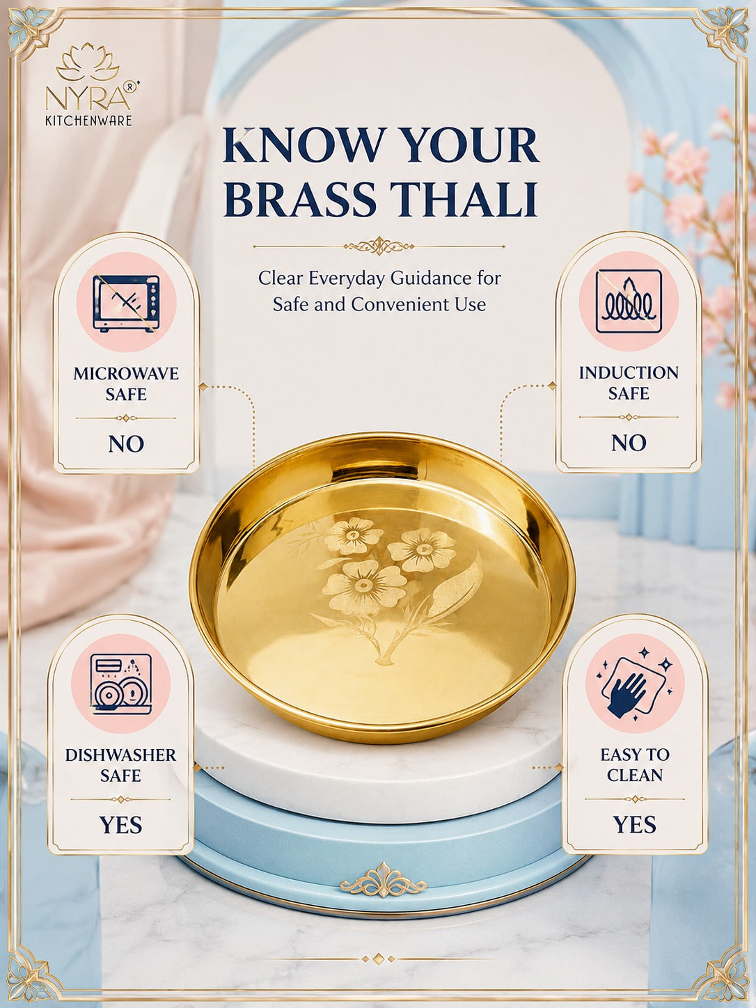 Pure Brass Bhojan Thali with Floral Etching | Pital Plate for Worship & Dining