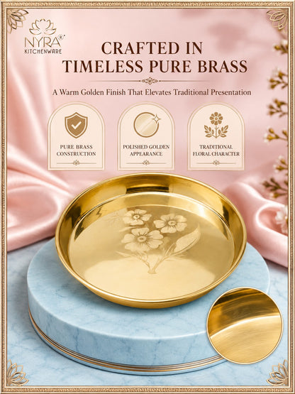 Pure Brass Bhojan Thali with Floral Etching | Pital Plate for Worship & Dining
