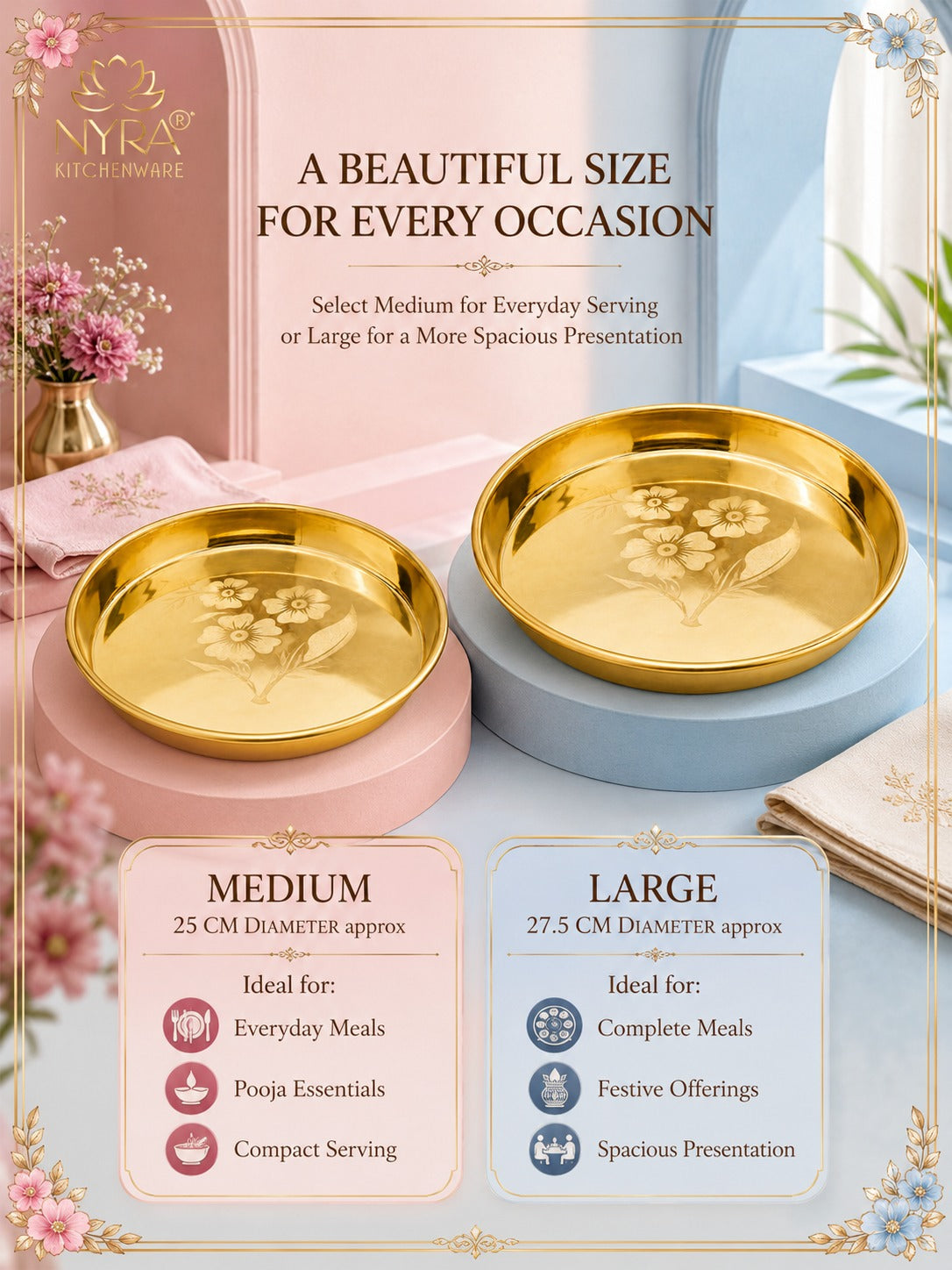 Pure Brass Bhojan Thali with Floral Etching | Pital Plate for Worship & Dining