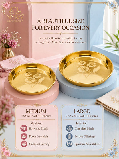 Pure Brass Bhojan Thali with Floral Etching | Pital Plate for Worship & Dining