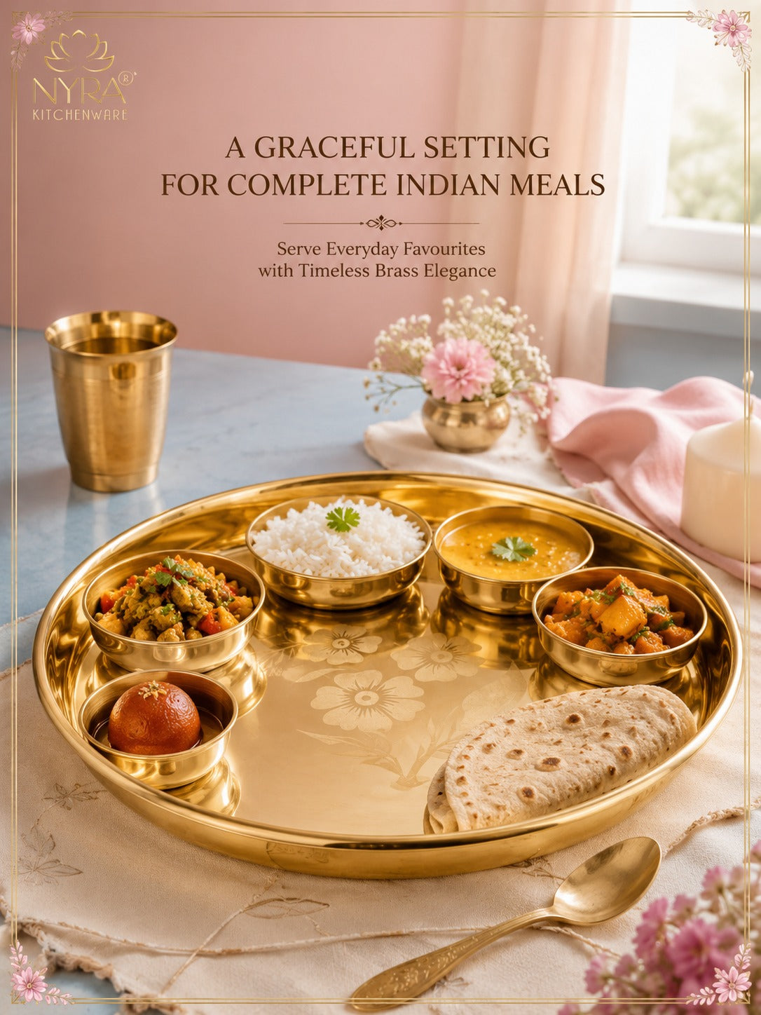 Pure Brass Bhojan Thali with Floral Etching | Pital Plate for Worship & Dining