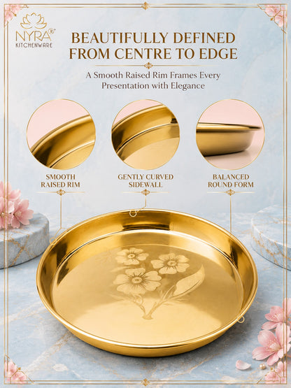 Pure Brass Bhojan Thali with Floral Etching | Pital Plate for Worship & Dining