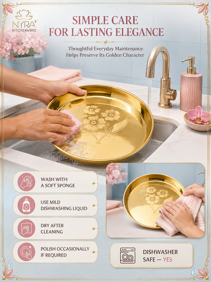 Pure Brass Bhojan Thali with Floral Etching | Pital Plate for Worship & Dining