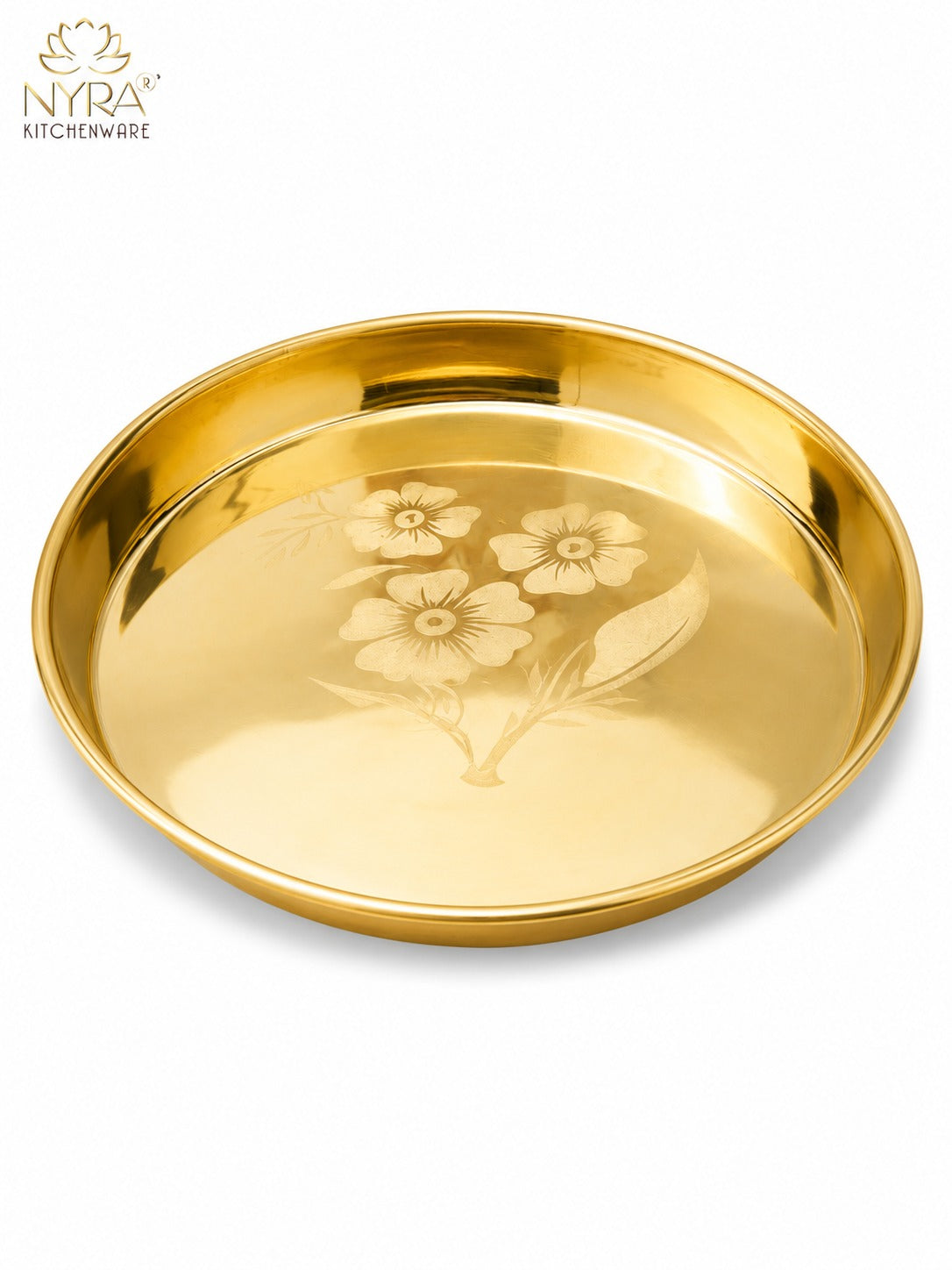 Pure Brass Bhojan Thali with Floral Etching | Pital Plate for Worship & Dining