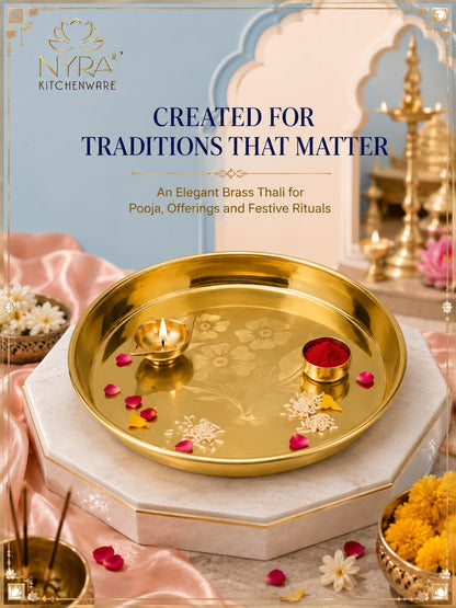 Pure Brass Bhojan Thali with Floral Etching | Pital Plate for Worship & Dining