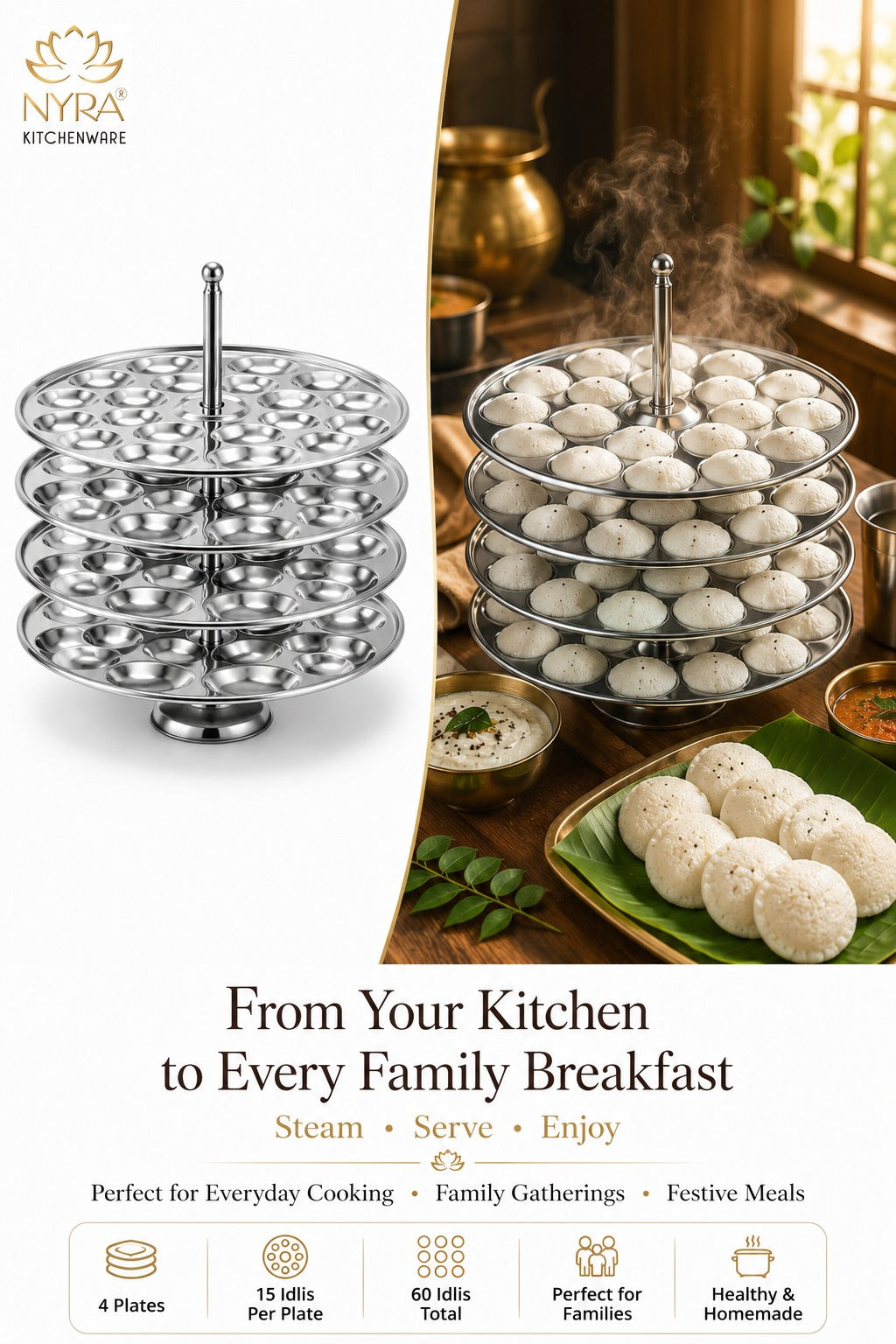 Stainless Steel Mini Idli Stand - 3 & 4 Plates | Makes 45 to 60 Mini Idlis at a time