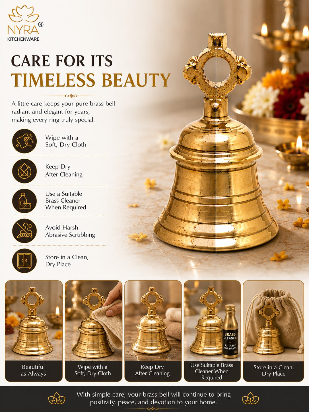 A brass bell with a decorative top handle, shown on a warm beige background with candles and flowers. The image includes the NYRA KITCHEN brand logo, care instructions with icons, and a row of six smaller photos showing the bell from different angles along with a storage pouch.