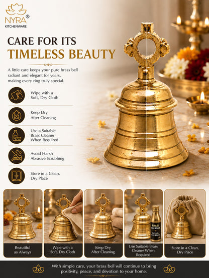 A brass bell with a decorative top handle, shown on a warm beige background with candles and flowers. The image includes the NYRA KITCHEN brand logo, care instructions with icons, and a row of six smaller photos showing the bell from different angles along with a storage pouch.