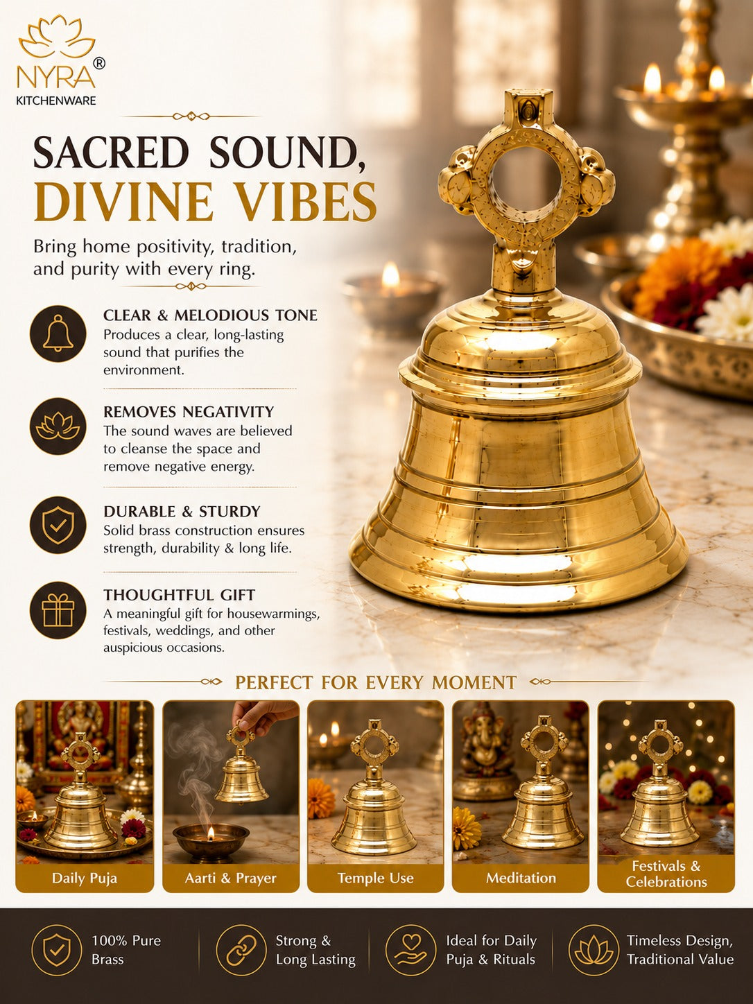 Gold brass Sacred Sound (Bhajapushpa) prayer bell from Niyra Kitchenware, featured on a warm, festive background with text detailing its spiritual benefits and usage scenarios.