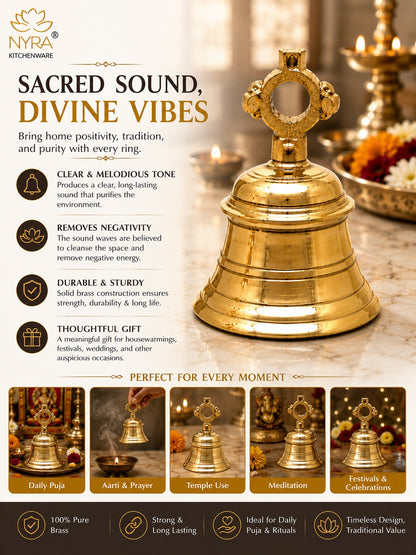 Gold brass Sacred Sound (Bhajapushpa) prayer bell from Niyra Kitchenware, featured on a warm, festive background with text detailing its spiritual benefits and usage scenarios.