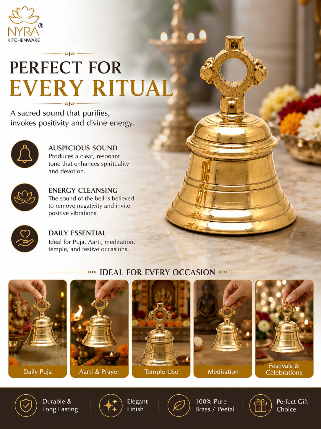 A gold brass prayer bell with a decorative hanging loop, shown on a warm, softly lit background with promotional text and small usage examples. The image includes the brand name NYRA KITCHENWARE and text such as 'Perfect for Every Ritual' and 'Ideal for every occasion.