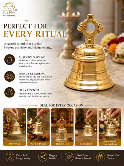 A gold brass prayer bell with a decorative hanging loop, shown on a warm, softly lit background with promotional text and small usage examples. The image includes the brand name NYRA KITCHENWARE and text such as 'Perfect for Every Ritual' and 'Ideal for every occasion.