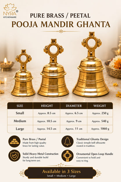 A product infographic for a brass peetal pooja mandir ghanta, showing three gold-colored brass bells in small, medium, and large sizes, with dimensions and weight details in a table below.