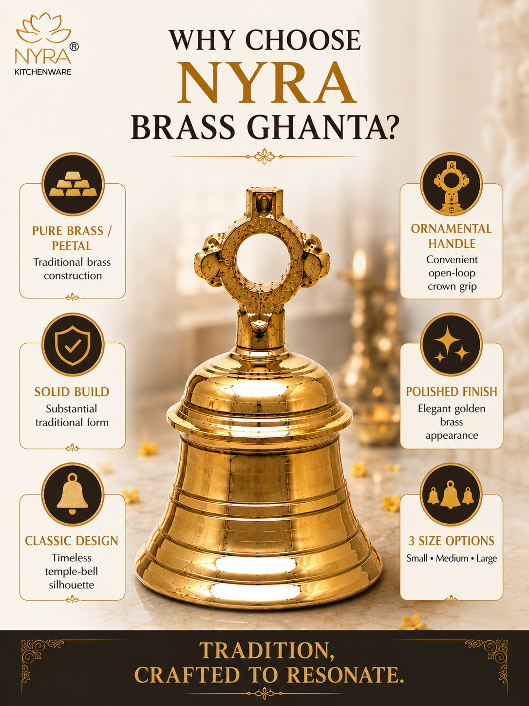 An informational product graphic for a brass ghanta bell, featuring a polished golden bell in the center with text and icons highlighting product features such as pure brass construction, ornamental handle, solid build, polished finish, and classic design. The brand logo 'Nyra Kitchenware' is visible in the top left.