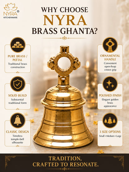 An informational product graphic for a brass ghanta bell, featuring a polished golden bell in the center with text and icons highlighting product features such as pure brass construction, ornamental handle, solid build, polished finish, and classic design. The brand logo 'Nyra Kitchenware' is visible in the top left.