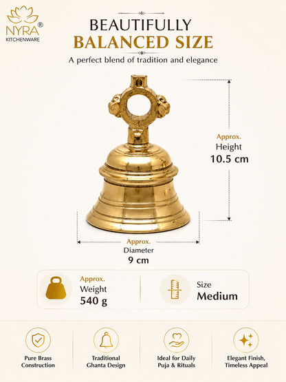 A brass hanging bell shown on a light beige background with product dimensions, weight, and feature callouts. The image includes the NYRA Kitchenware logo, text reading 'Beautifully Balanced Size,' measurements for height and diameter, and icons noting pure brass construction, traditional Ghanaian design, suitability for daily use, and an elegant finish.