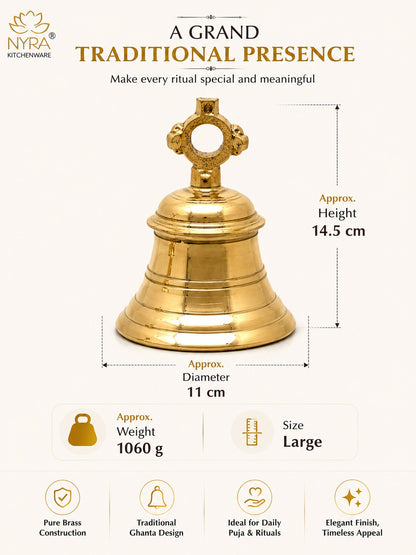 A brass traditional kitchen bell with dimension markings showing a height of 14.5 cm and a diameter of 11 cm, on a light cream background with product specifications and features listed below.