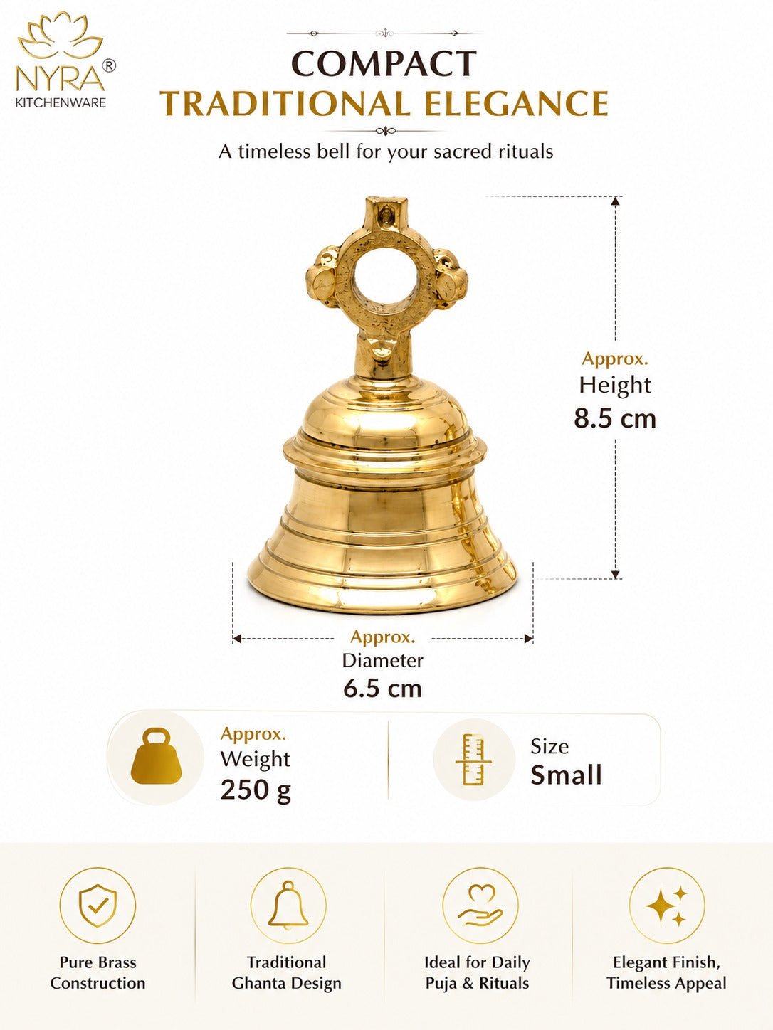 A gold-colored brass bell with dimension markings showing a height of 8.5 cm and a diameter of 6.