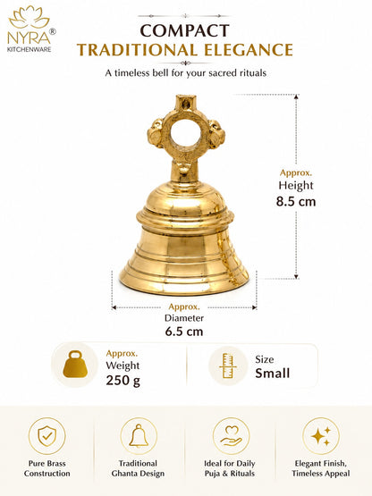 A gold-colored brass bell with dimension markings showing a height of 8.5 cm and a diameter of 6.