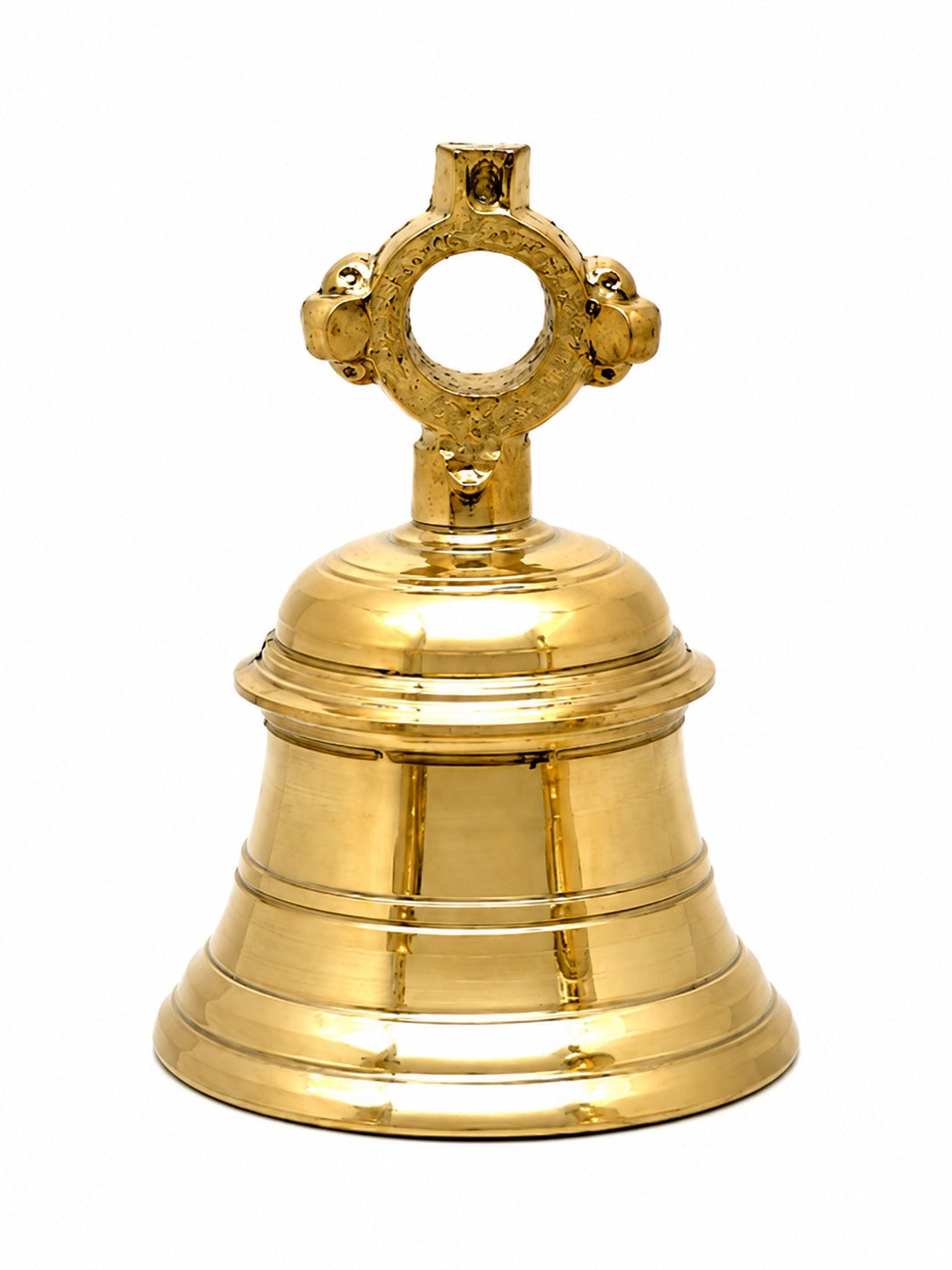 A polished brass bell with a decorative hanging loop and flared base, shown on a plain white background.