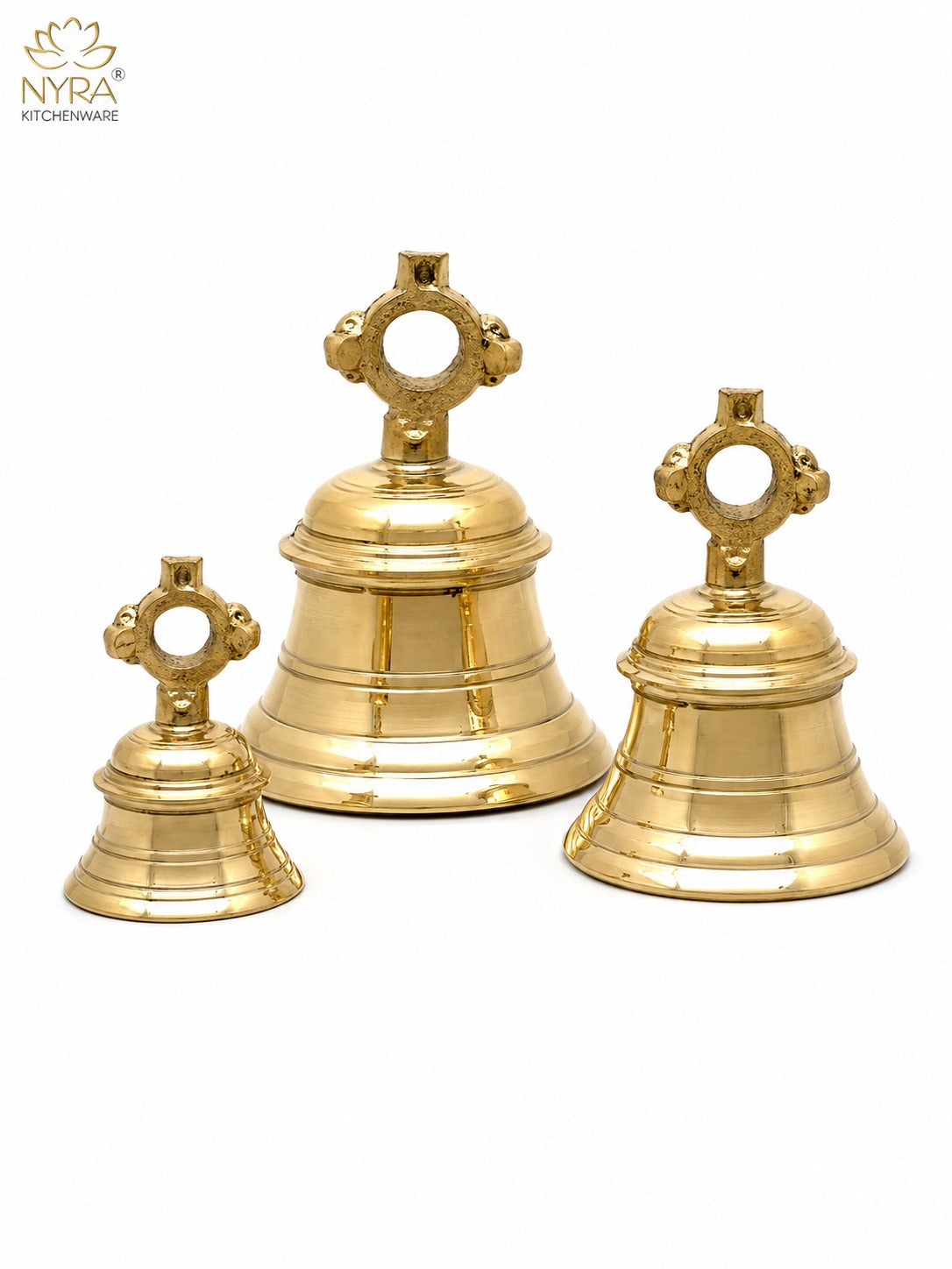 Three brass kitchen bells in graduated sizes, arranged against a plain white background. The NYRA Kitchenware logo is visible in the top-left corner.