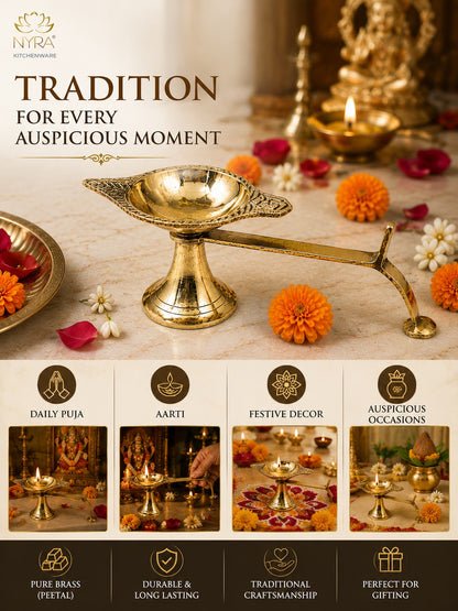 A brass oil lamp (diya) with an ornate leaf-shaped shade and long arm, displayed on a decorated table with marigold flowers, petals, and other lit diyas. The image includes promotional text and four smaller usage/scenario panels along the bottom.