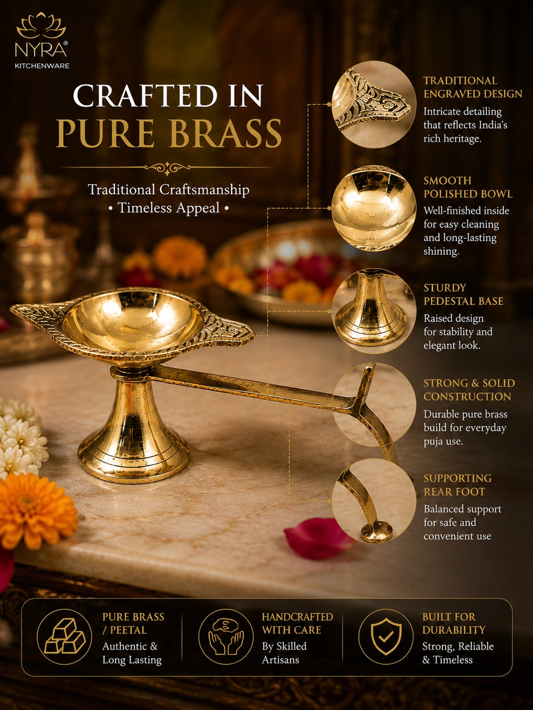 A brass oil lamp (diya) with a traditional engraved design and a polished interior, presented on a marble surface with descriptive text callouts and product benefits on a dark background.