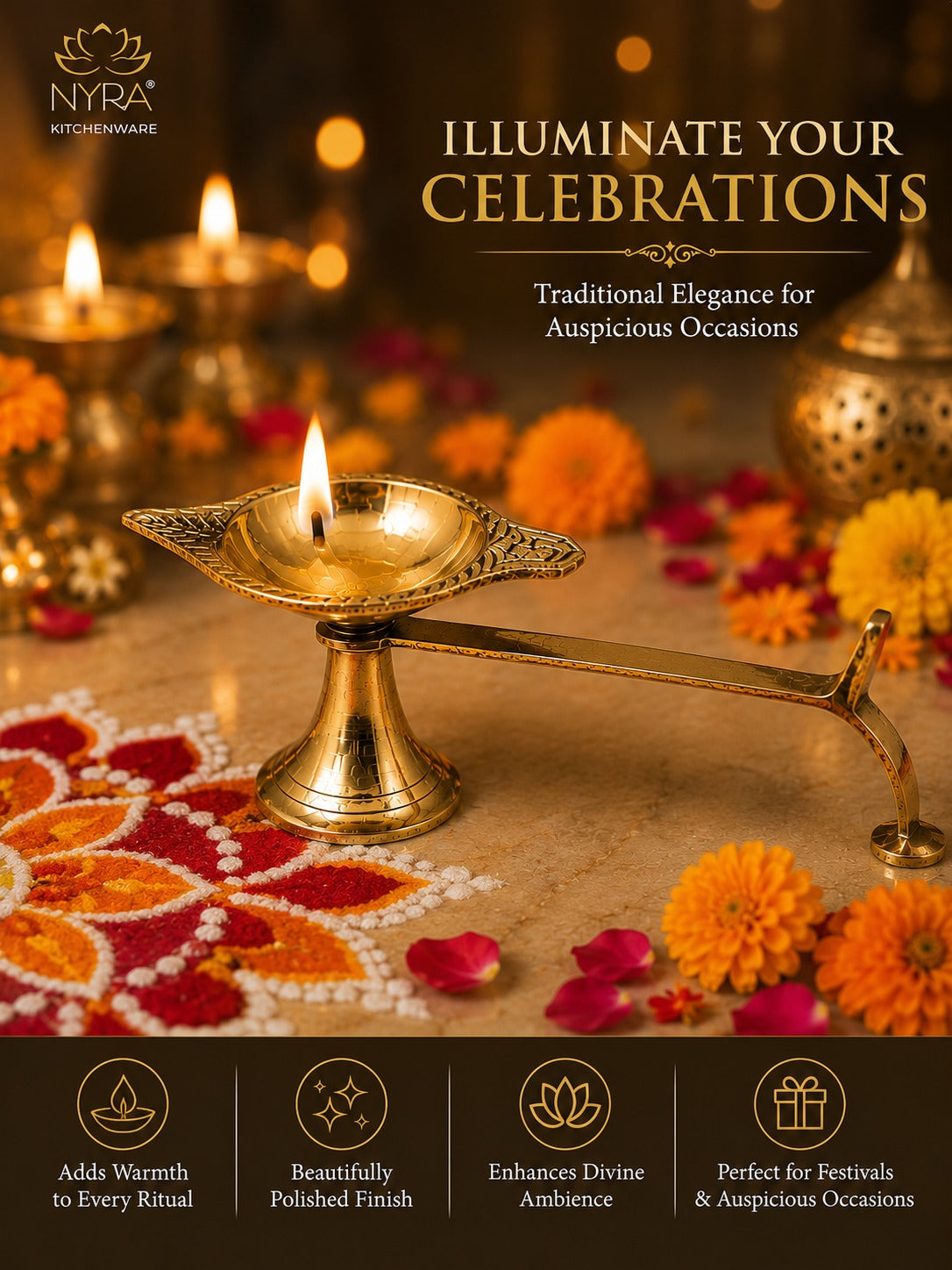 A brass oil lamp (diya) with a lit flame on a decorated surface, surrounded by marigold flowers, lit candles, and festive rangoli, with promotional text and the NYRA Kitchenware logo.