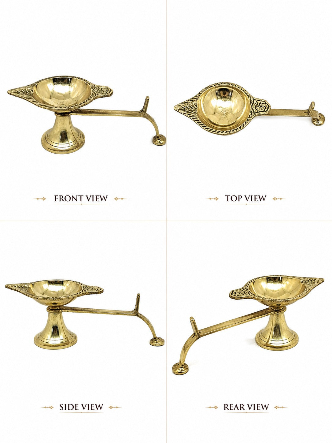 A brass oil lamp shown from four angles on a white background: front view, top view, side view, and rear view. The image includes labels for each view.
