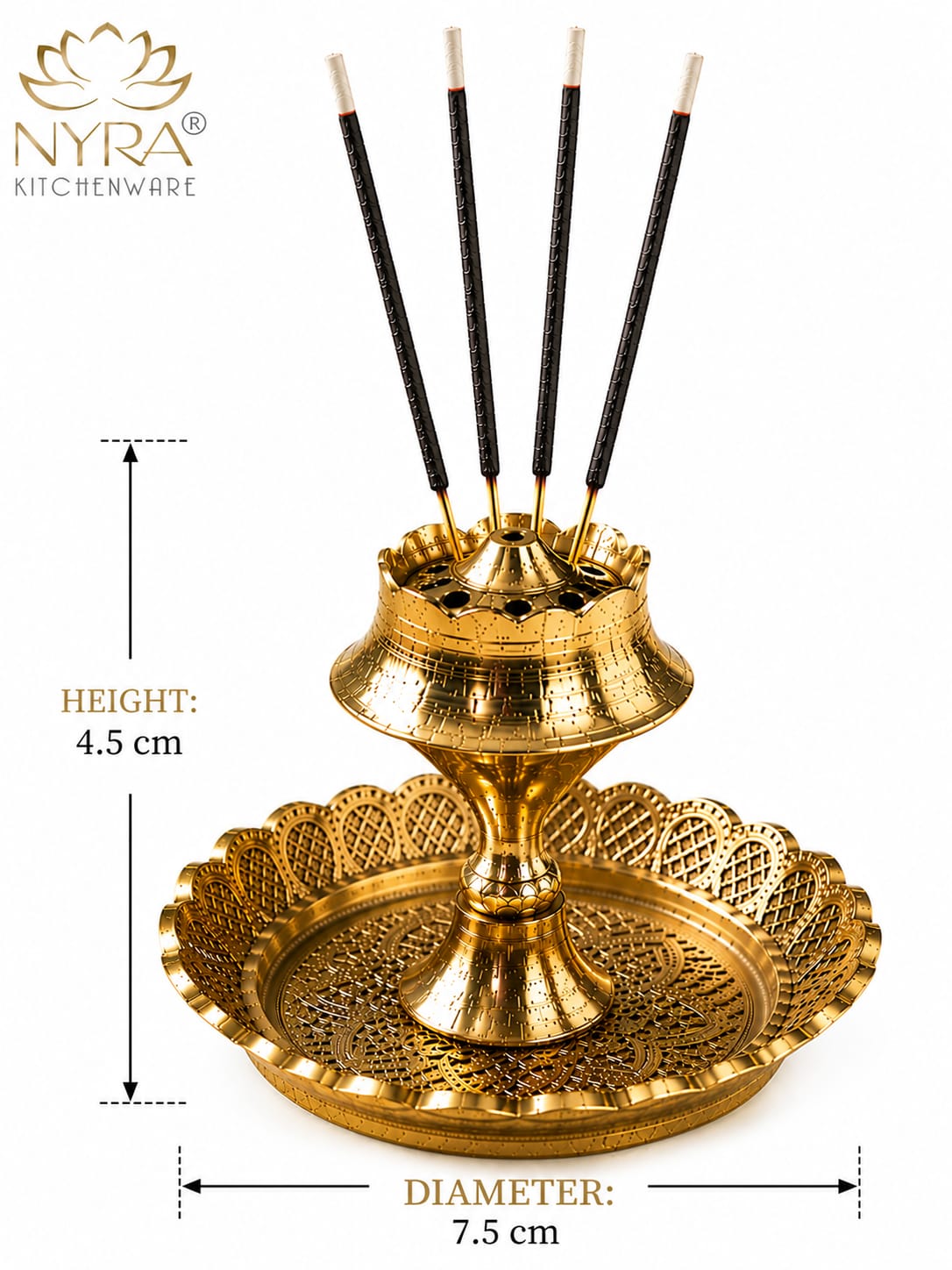 Gold-toned metal incense holder with five incense sticks, shown on a white background with overlaid dimensions indicating height of 4.5 cm and diameter of 7.