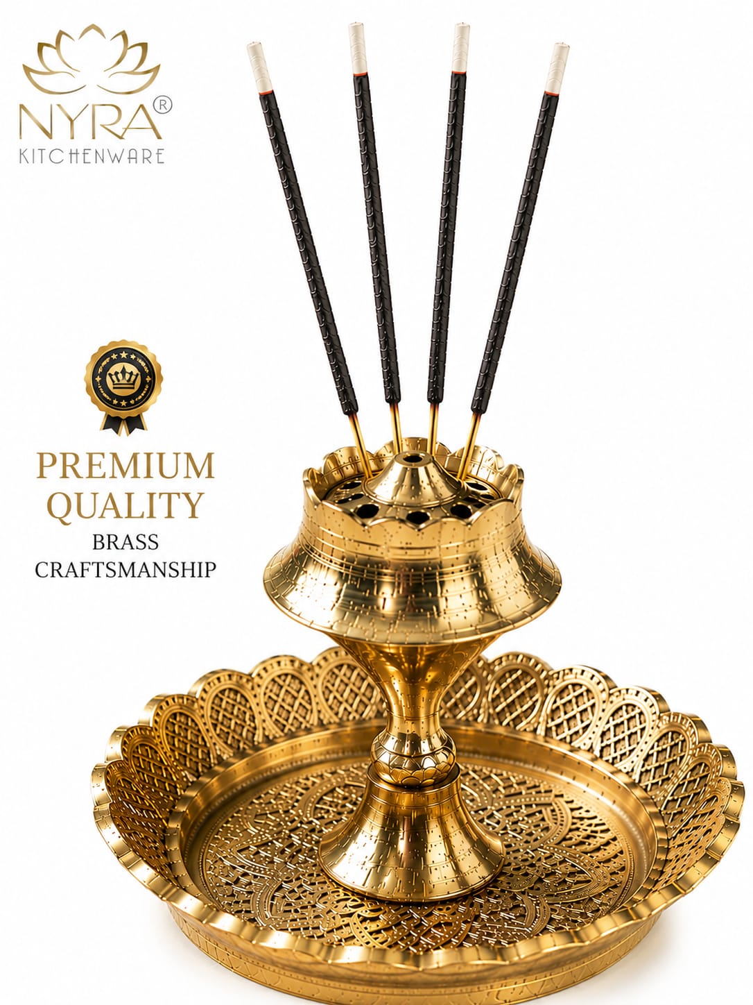 A brass incense holder with five incense sticks, shown on a white background with NYRA Kitcheware branding and 'Premium Quality Brass Craftsmanship' text.
