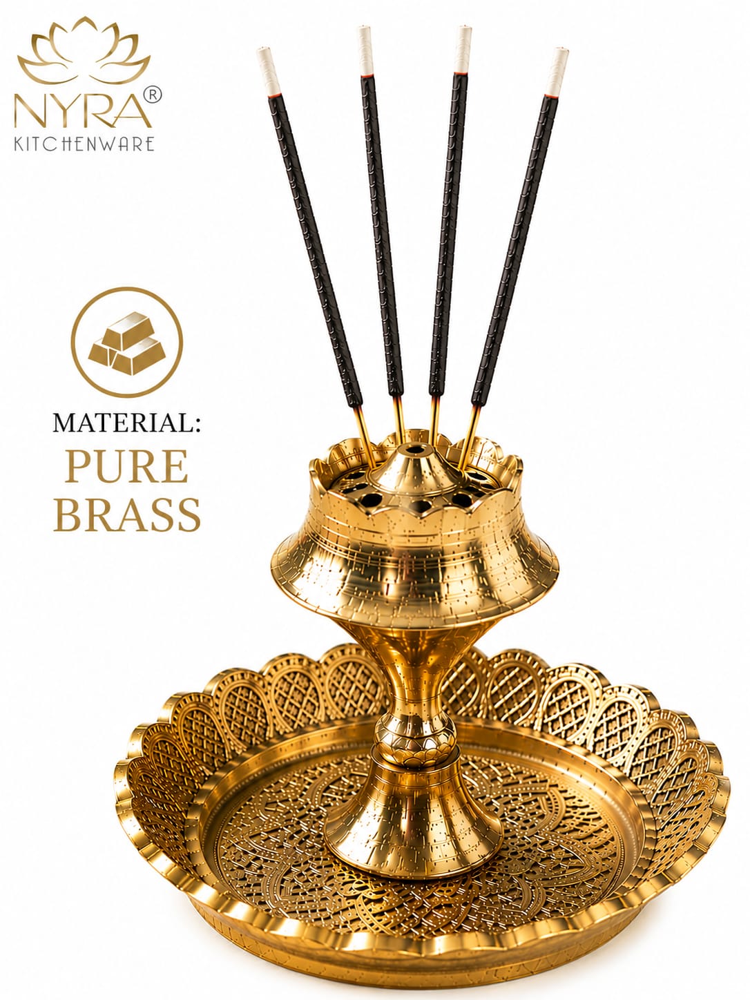 A gold brass incense holder set with five black incense sticks on a white background, featuring the NYRA Kitchenware logo and 'Material: Pure Brass' text.